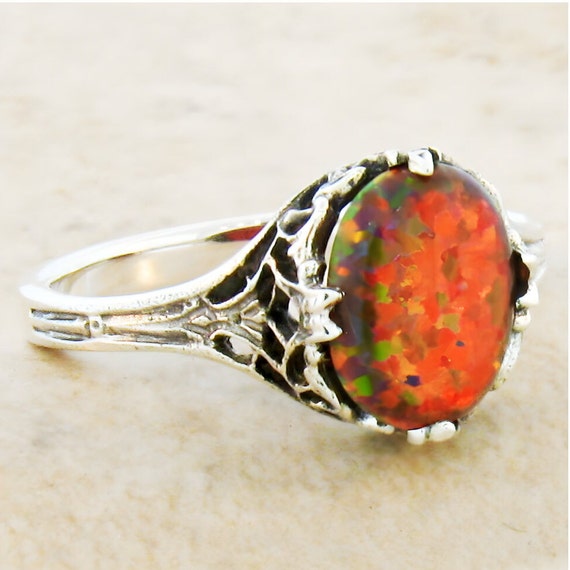 Vintage Estate Red Fire Opal Solitaire Filigree R… - image 2