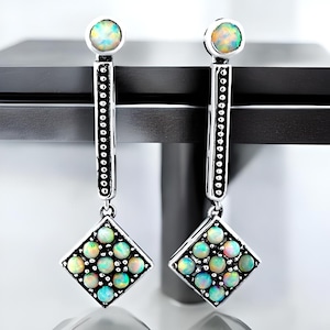 Vintage Opal Earrings, Dangle Drops in 925 Solid Sterling Silver, Classic Gemstone Jewelry, Unique Birthday Gift, October Birthstone 671