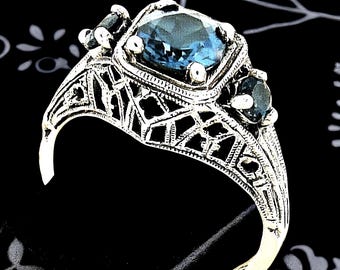 Vintage Natural London Blue Topaz Filigree Ring: 925 Sterling Silver 3-Stone Design 188