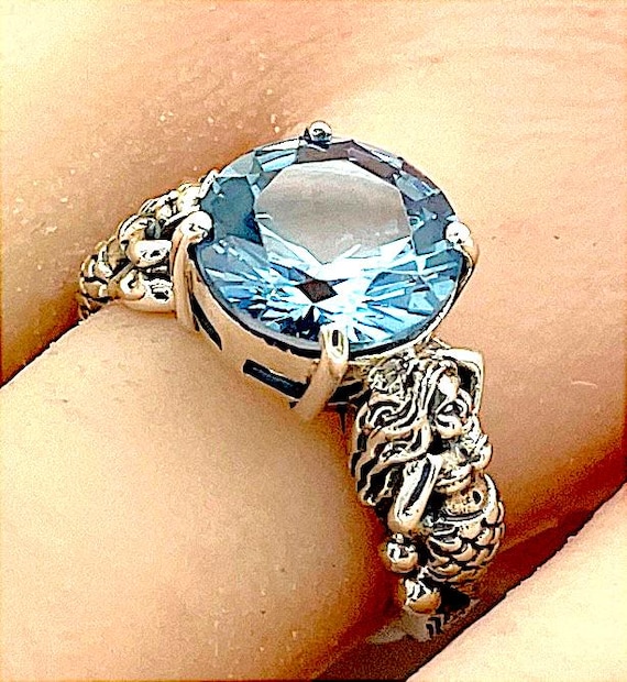 Vintage Aquamarine Mermaid Ring: Filigree Sterling Silver Solitaire 827