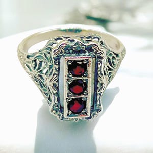 Vintage Simulated Ruby Ring: 925 Sterling Silver Filigree, July Birthstone 1821