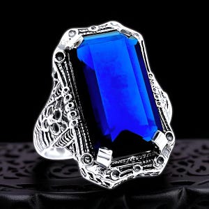 Vintage Filigree 925 Sterling Silver Ring: Royal Blue Sim. Sapphire 1373