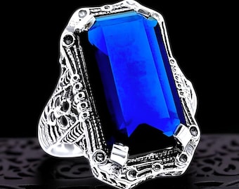 Vintage Filigree 925 Sterling Silver Ring: Royal Blue Sim. Sapphire 1373