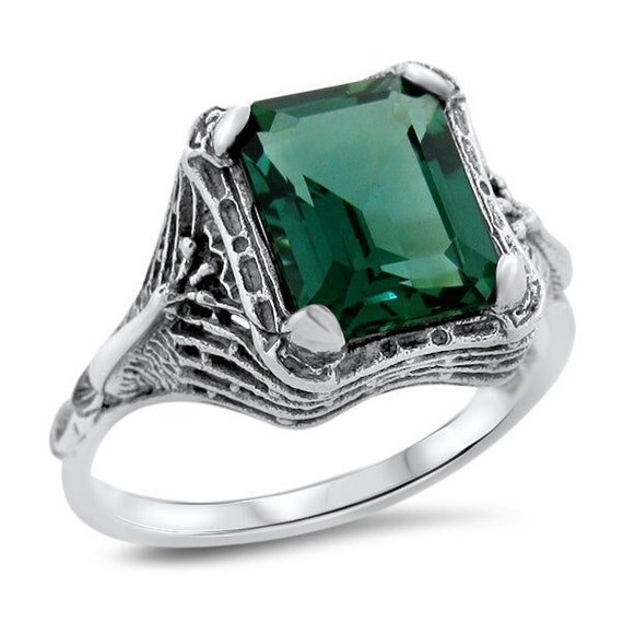 Emerald Statement Ring, Peacock Design, 925 Sterl… - image 1
