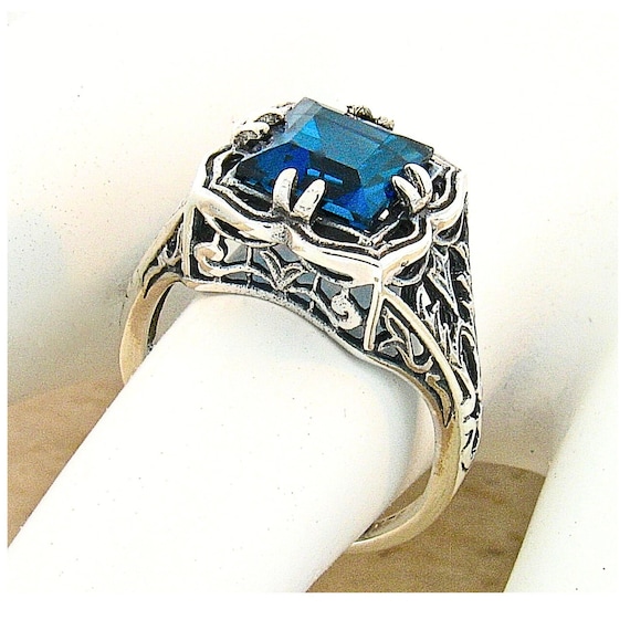 Vintage Filigree 2 Carat Natural London Blue Topaz Ring: 925 Sterling Silver 743 View 2