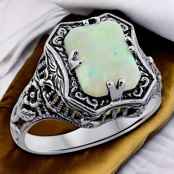 Vintage 925 Sterling Silver Opal Filigree Ring - … - image 2