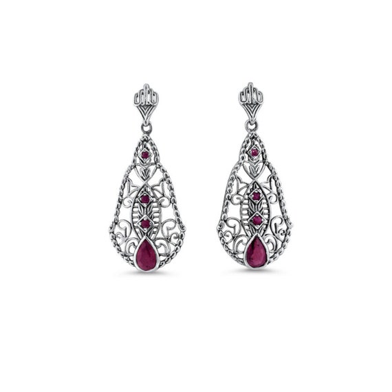 Vintage Estate Natural Ruby Filigree Earrings In … - image 1