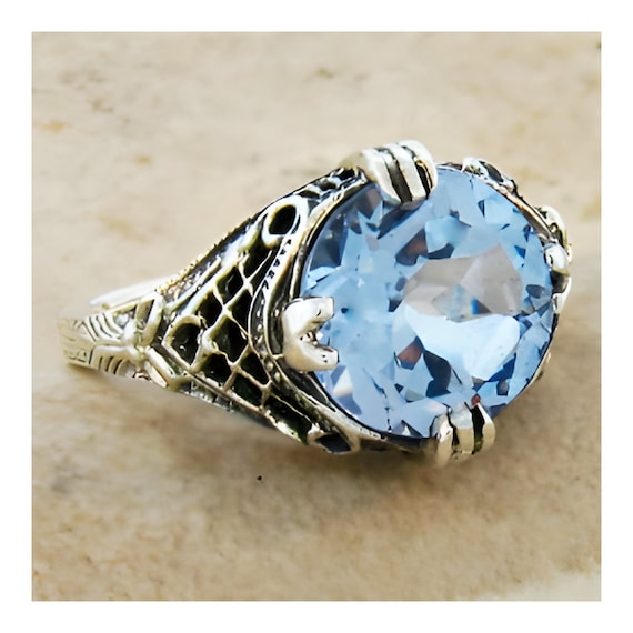 Vintage Sky Blue Topaz Ring: 5.00 Carat Filigree 925 Sterling Silver 341