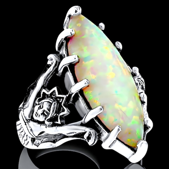 Vintage White Opal Mermaid Ring: 925 Sterling Silver Filigree 615