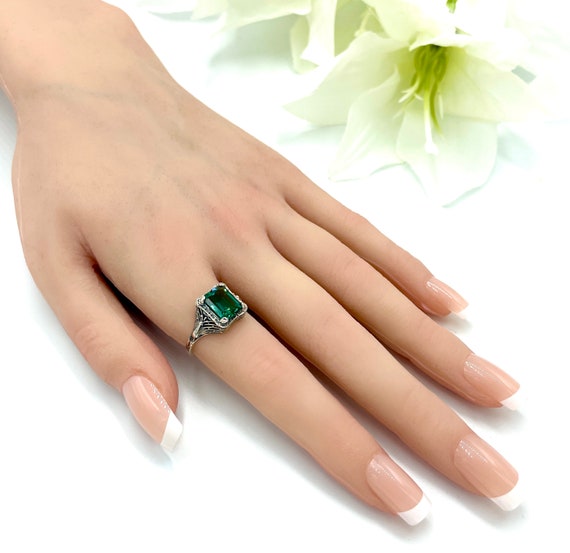 Emerald Statement Ring, Peacock Design, 925 Sterl… - image 3
