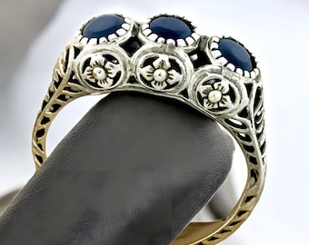 Vintage Three Stone Natural Sapphire Filigree Ring In 925 Solid Sterling Silver                116
