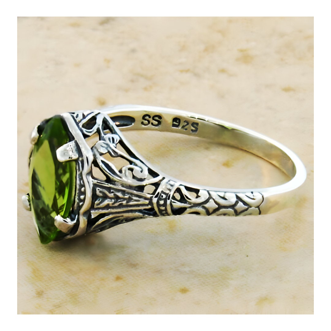Silvershake Peridot Filigree Ring – Genuine Marquise Peridot In 925 Sterling Silver, Size 6, Antique Finish – Women's Birthstone Jewelry