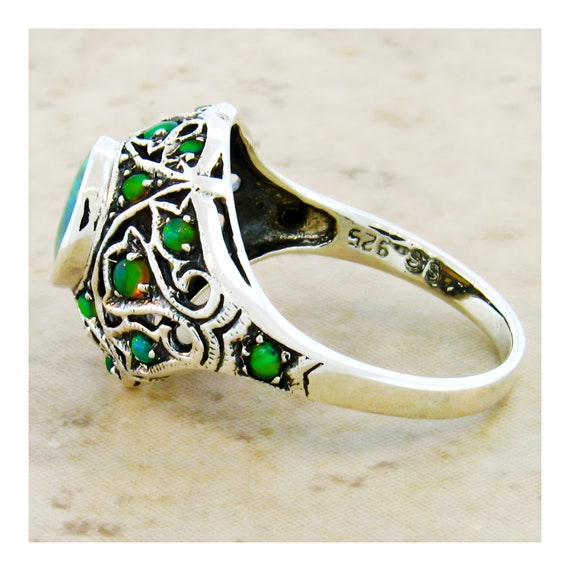 Vintage Green Fire Opal Ring - Filigree Design in… - image 2