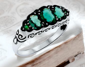 Vintage Sim. Emerald Ring: Filigree 925 Sterling Silver, May Birthstone 541