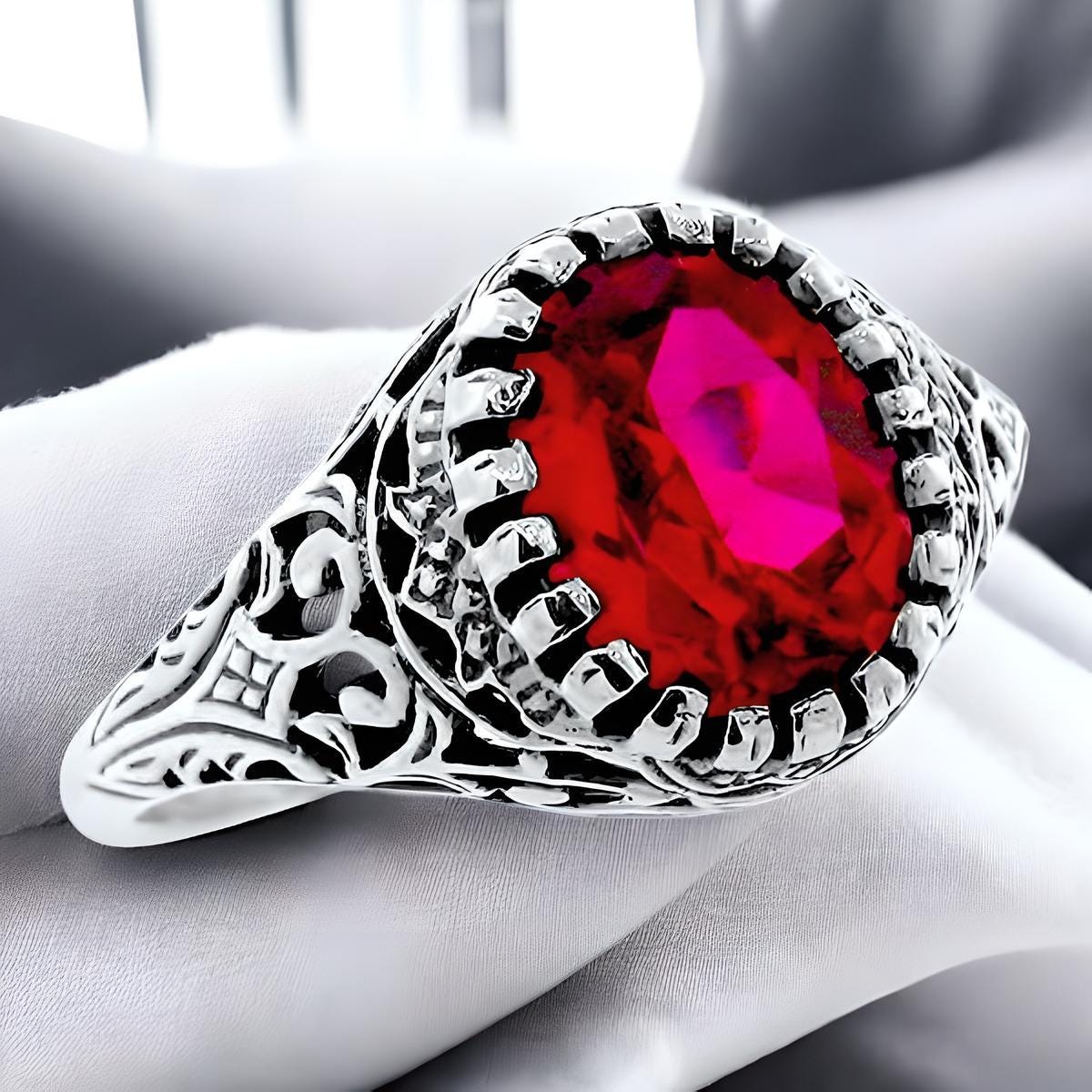 Vintage 2.50 Carat Lab Ruby Ring: Filigree 925 Sterling Silver