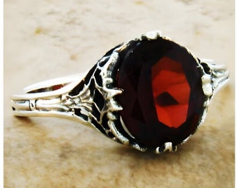 Vintage Estate Natural Garnet Solitaire Filigree Ring In 925 Solid Sterling Silver            444