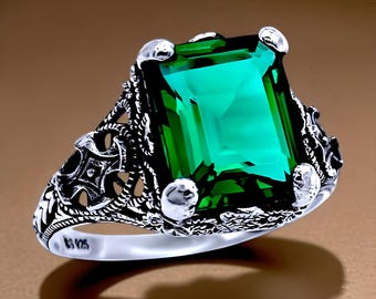 Vintage Filigree 925 Sterling Silver Ring: Simulated Emerald Solitaire 1372
