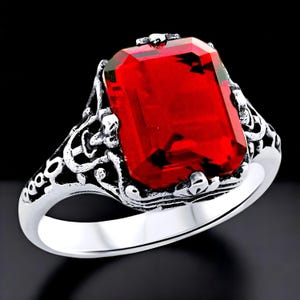 Vintage Deep Red Sim. Ruby Ring, 925 Solid Sterling Silver Filigree Jewelry, Beautiful Birthday Or Anniversary Gift, July Birthstone   1209