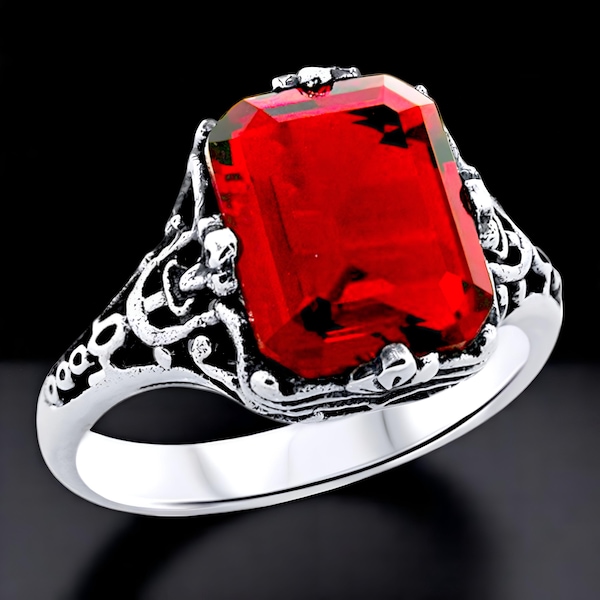 Anillo vintage de rubí simulado en filigrana de plata de ley 925 (1209)