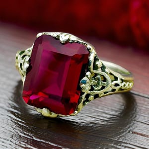 Vintage Deep Red Emerald Cut Lab Ruby in 925 Solid Sterling Silver Ring ...