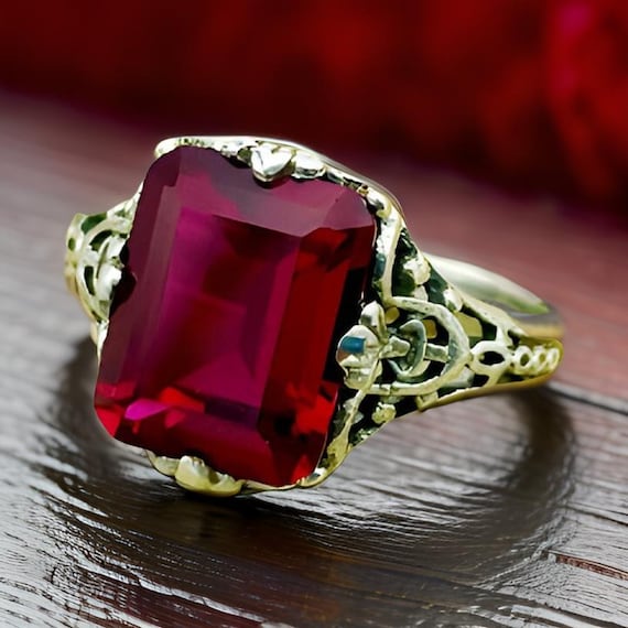 Vintage Deep Red Emerald Cut Lab Ruby In 925 Soli… - image 2