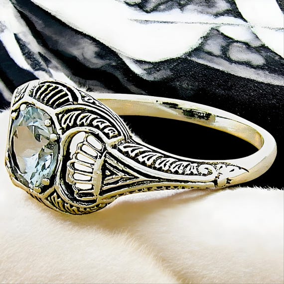 Vintage Natural Aquamarine Filigree Ring: 925 Sterling Silver Solitaire 287 View 2