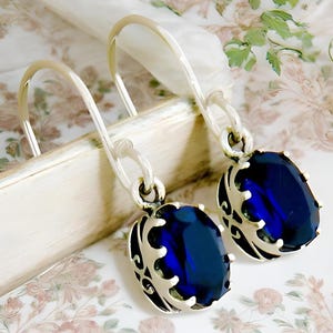 Vintage Royal Blue Sim. Sapphire Dangle Filigree Earrings In 925 Solid Sterling Silver, Elegant Jewelry Present, September Birthstone    409