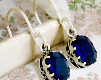 Vintage Royal Blue Sim. Sapphire Filigree Earrings, 925 Sterling Silver 409