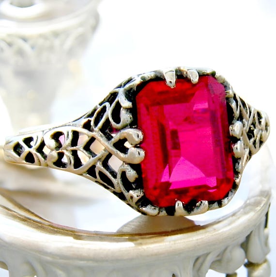 Vintage 2.25 Carat Lab Ruby Filigree Ring: 925 Sterling Silver  820