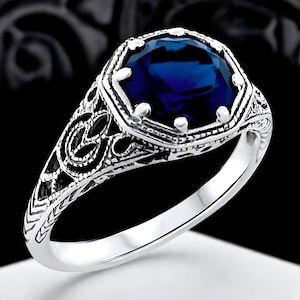 Vintage 1.20 Carat Royal Blue Sim. Sapphire Ring: Filigree 925 Sterling Silver, September Birthstone 1158