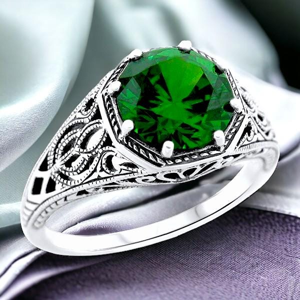 sterling silver エメラルドリング Vintage Emerald Ring, 925 Sterling Silver, Filigree