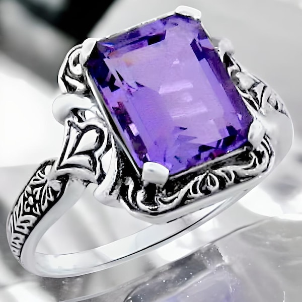 Vintage Natural Amethyst Ring: 925 Sterling Silver Filigree Design, Genuine Gemstone Jewelry 195