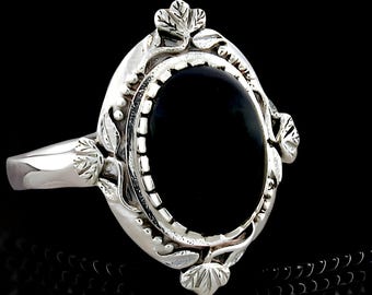 Vintage Black Agate Filigree Ring 925 Sterling Silver Cabochon 050