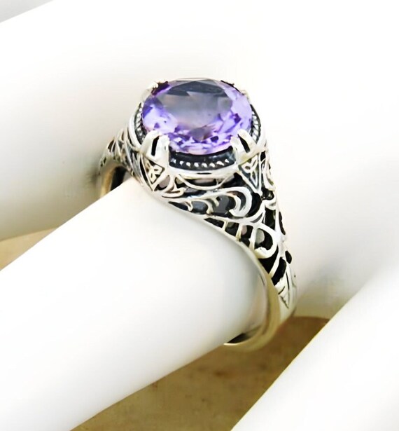 Vintage 2 Carat Natural Amethyst Ring: Filigree 925 Sterling Silver 632