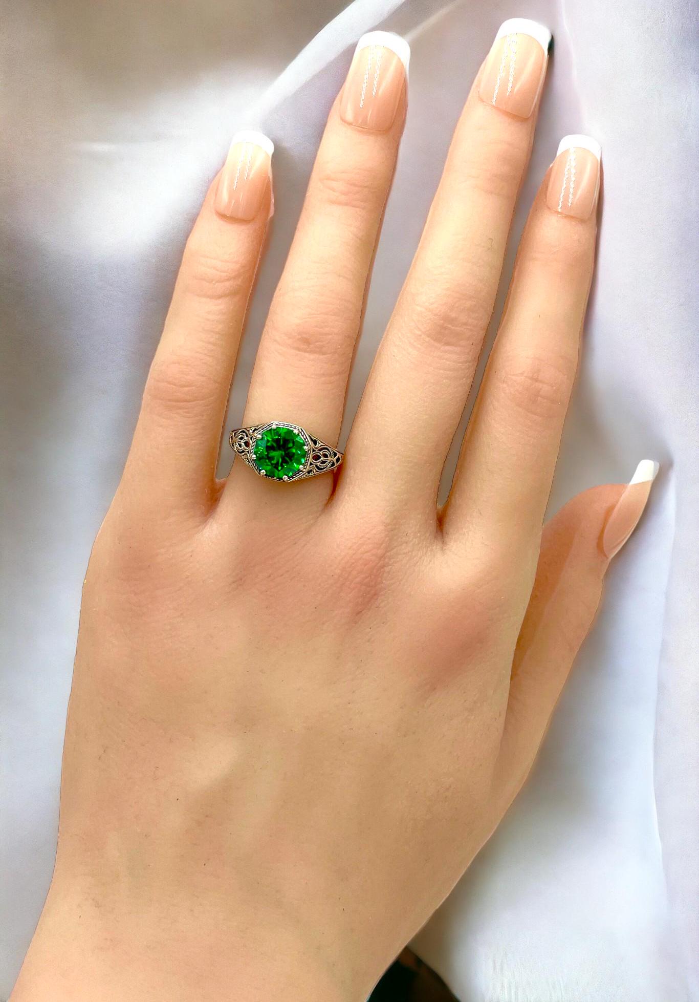 Vintage Emerald Ring, 925 Sterling Silver, Filigree