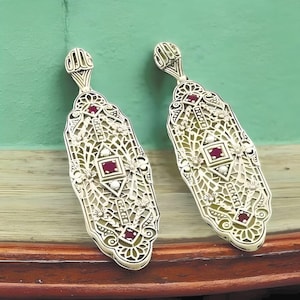 Vintage Natural Ruby & Pearl Filigree Earrings: 925 Sterling Silver, July Birthstone 124
