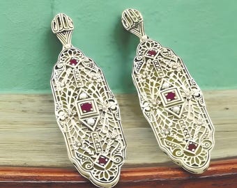 Vintage Natural Ruby & Pearl Filigree Earrings: 925 Sterling Silver, July Birthstone 124