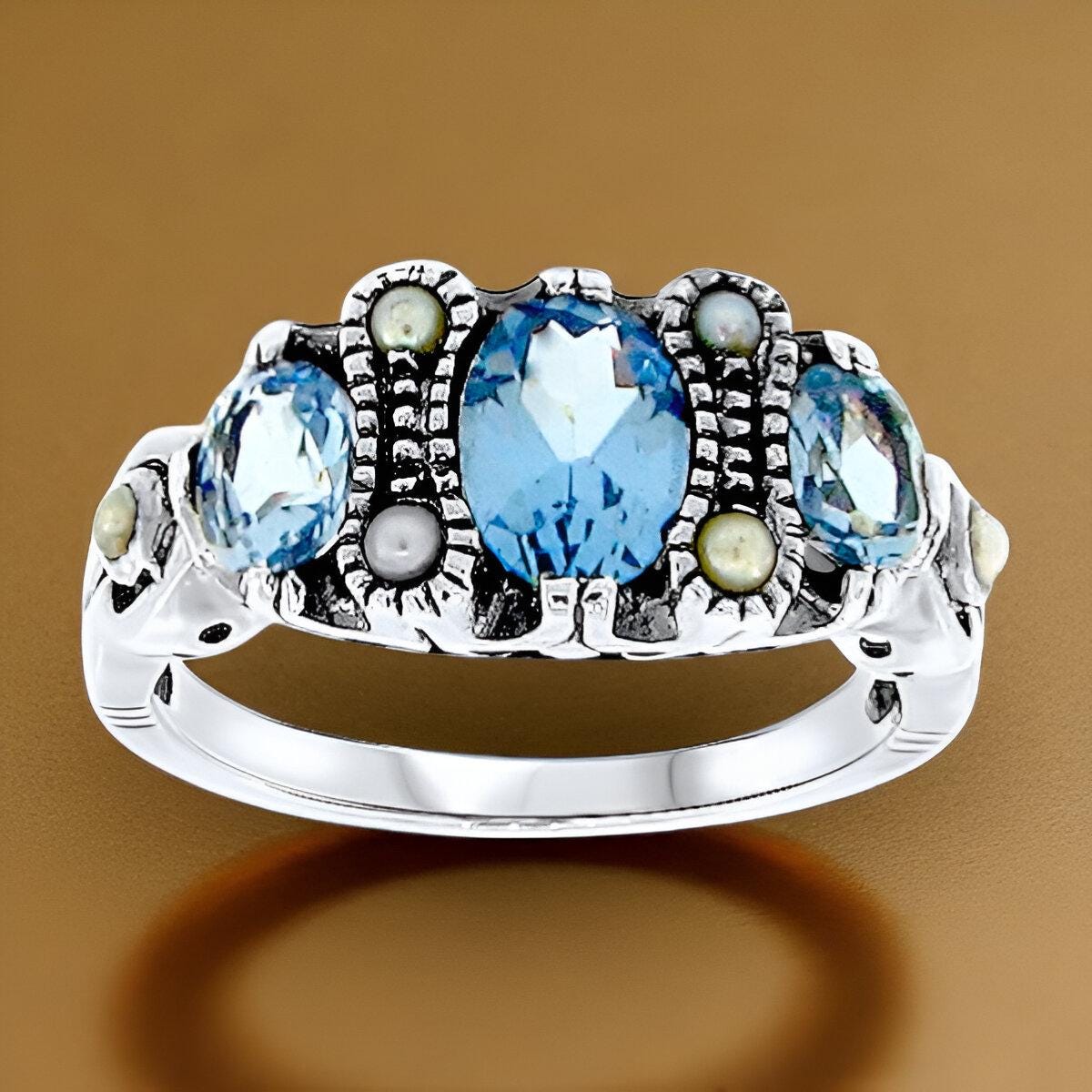2 Ct. Aquamarine & Pearl Ring in 925 Sterling Silver, 3 Stone Vintage Jewelry, March Birthstone Gift, Beautiful Anniversary Present 034