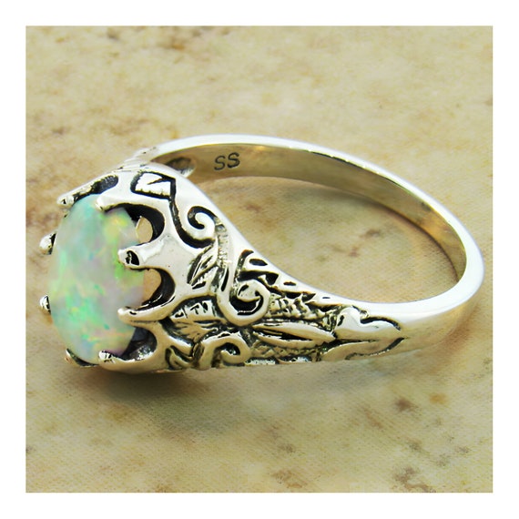 Vintage Estate Opal Solitaire Filigree Ring In 92… - image 3