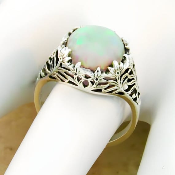 Vintage Estate Opal Solitaire Filigree Ring In 92… - image 1