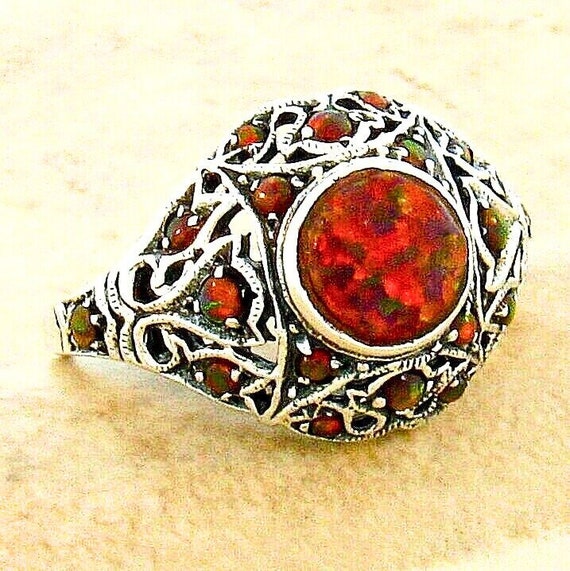 Red Fire Opal Dome Filigree Ring In 925 Solid Ste… - image 2