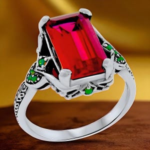Vintage Filigree 7 Ct. Lab Ruby Ring: Green Fire Opal, 925 Sterling Silver 492