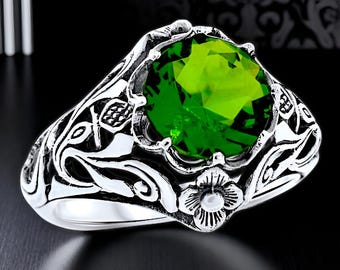 Vintage Peridot Scottish Thistle Solitaire Ring, 1.50 Carat Filigree in 925 Solid Sterling Silver, Exquisite Gift for Special Occasions 1137