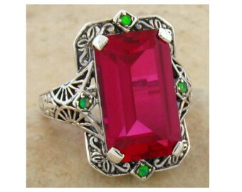 Vintage 9 Ct. Lab Ruby Filigree Ring Green Opal Accents 925 Sterling Silver 479