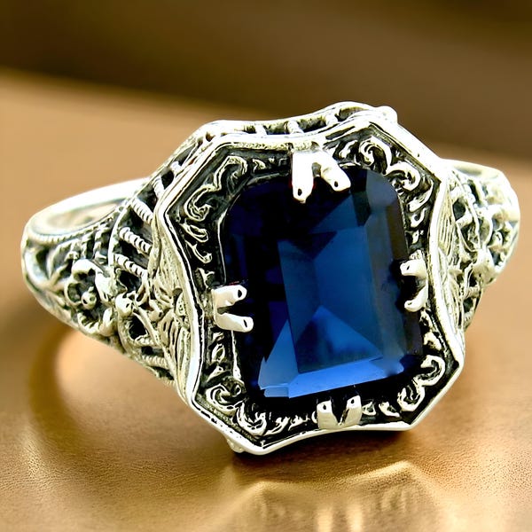 Vintage Filigree Royal Blue Sim. Sapphire Filigree Ring: 925 Sterling Silver Solitaire 1171