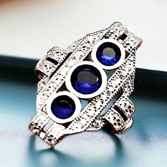Vintage Royal Blue Sim. Sapphire Ring, 925 Sterli… - image 5