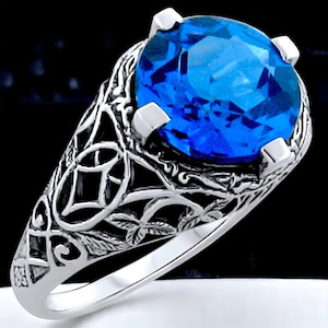 Vintage 4 Carat London Blue Topaz Ring: 925 Sterling Silver Filigree Solitaire 340