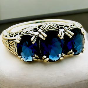 Vintage Filigree 925 Sterling Silver Ring: 2 Carat Royal Blue Sim. Sapphire Three-Stone Anniversary Jewelry 1169