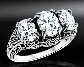 Vintage 925 Solid Sterling Silver 4.50 Carat Cz Anniversary Three-Stone Ring, Beautiful Special Occasion Gift, Everyday Wear Jewelry 1164