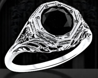 Vintage Black Agate Solitaire Filigree Ring: 925 Sterling Silver 1200